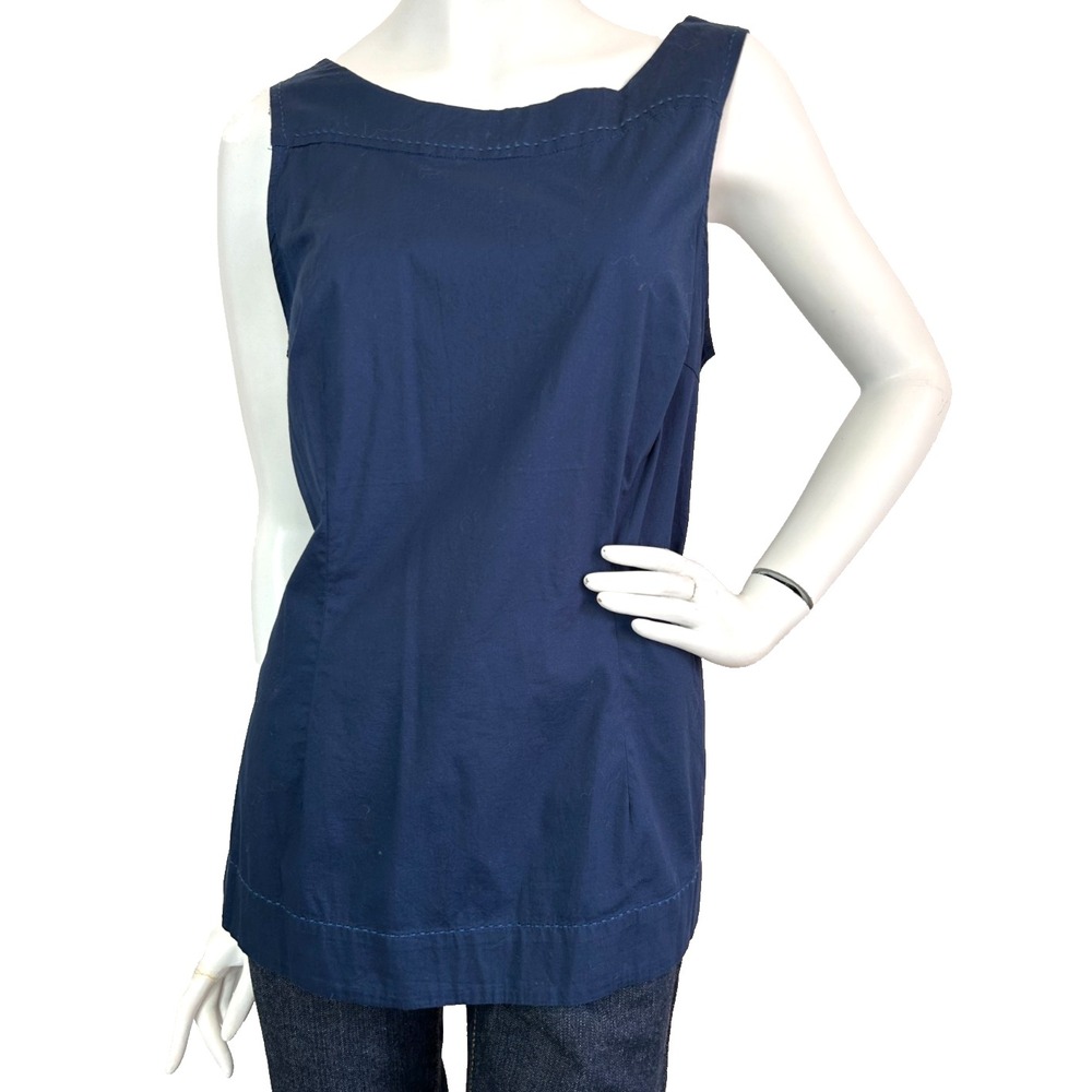 Anthro Odille Navy Blue Cotton Sleeveless V-Neck Top Large Bow Tie Back Size 12